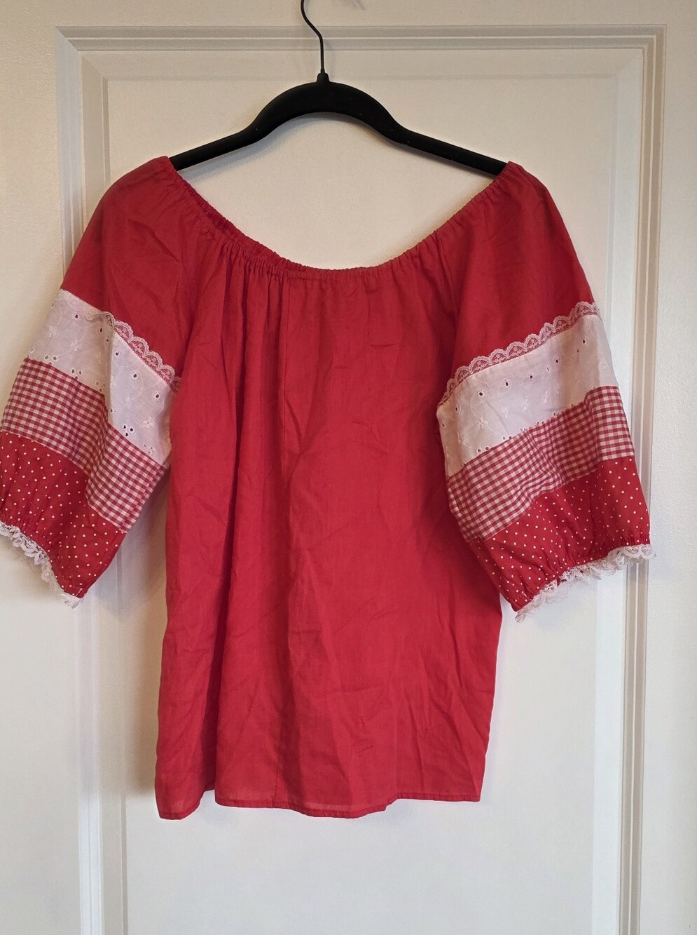 Women’s Red Off-Shoulder Peasant Blouse with Patchwork Sleeves